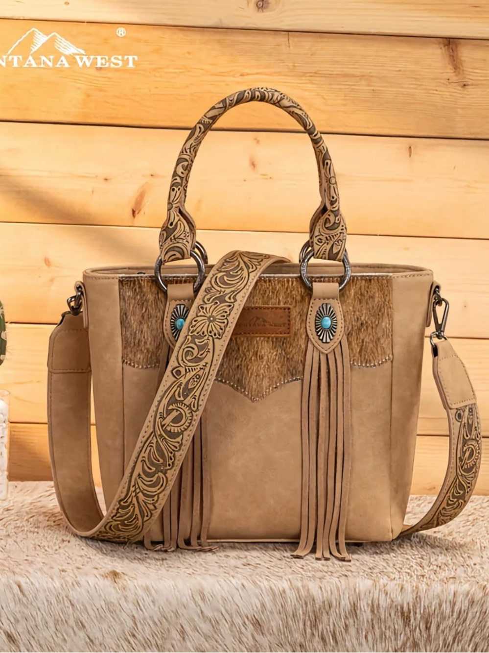 Montana West Handbag Western Fringe Concealed Carry Tote-Khaki Purse New